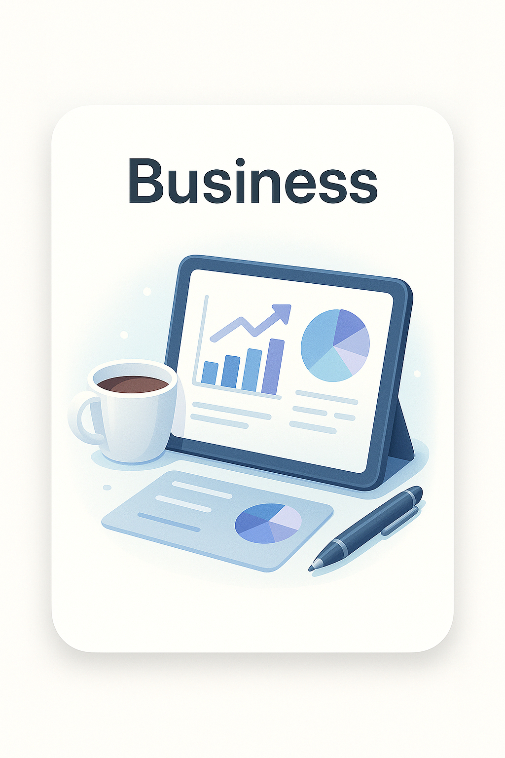 Illustration of a laptop with business charts and a coffee cup labeled "Business"