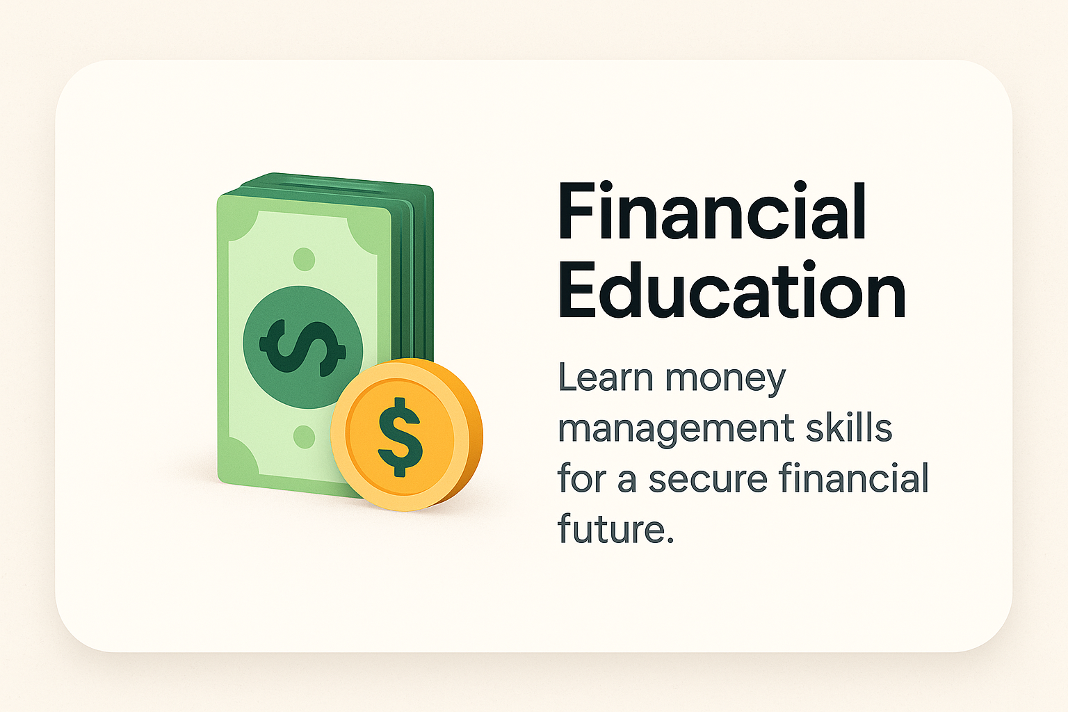 Illustration of cash and coins with the text "Financial Education. Learn money management skills for a secure financial future.