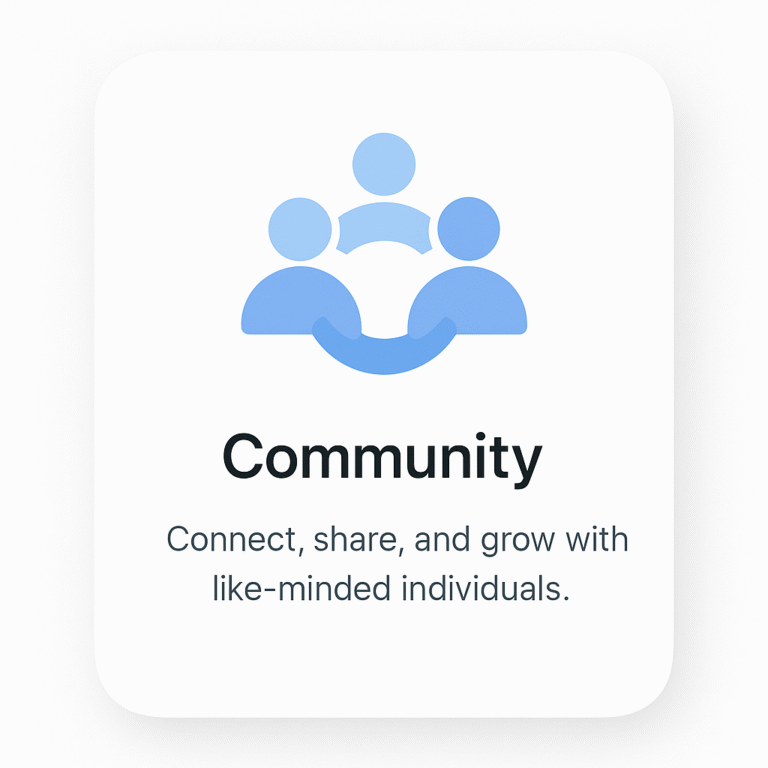 Illustration of three people with the text "Community. Connect, share, and grow with like-minded individuals.