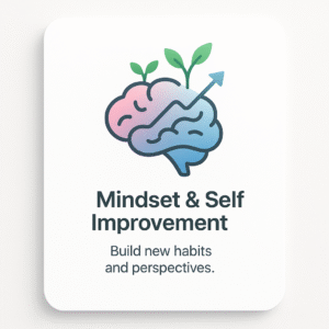 Illustration of a brain with leaves and the text "Mindset & Self Improvement. Build new habits and perspectives.
