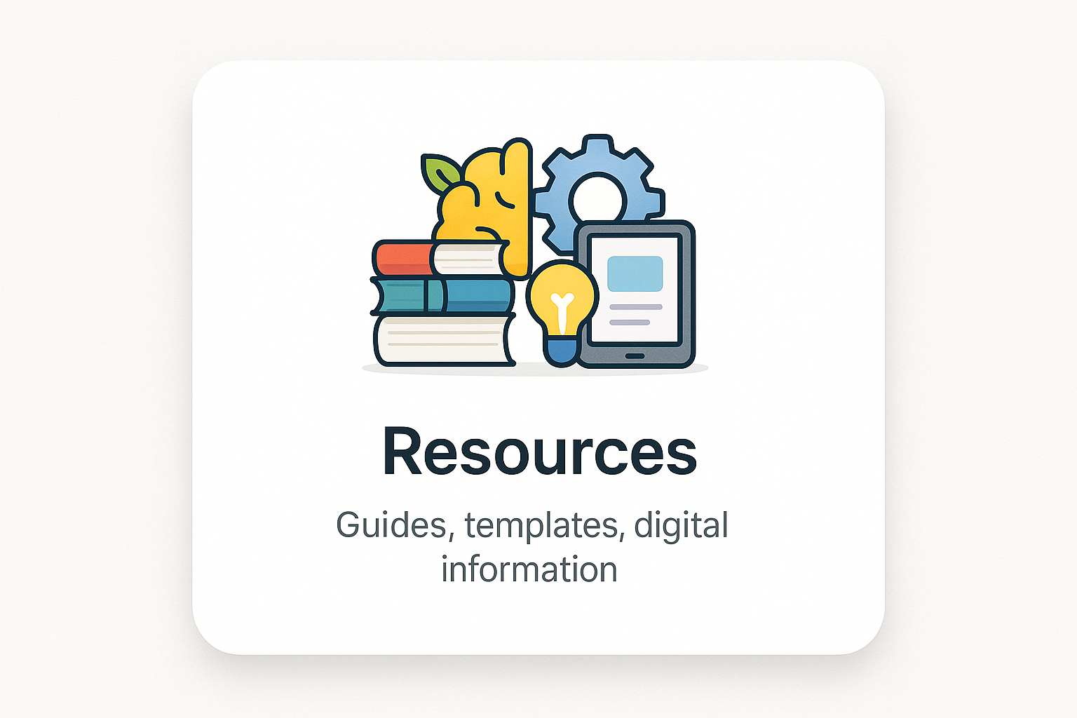 Illustration of books, a lightbulb, and gears with the text "Resources. Guides, inspiration, digital information.