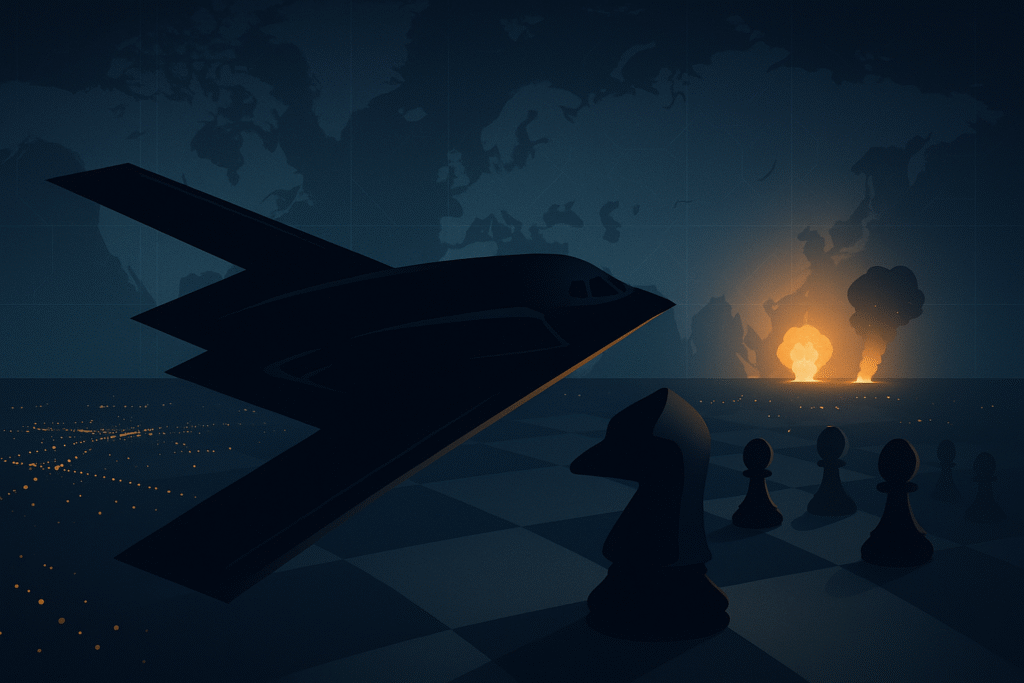 Illustration of a military aircraft flying over chess pieces at sunset