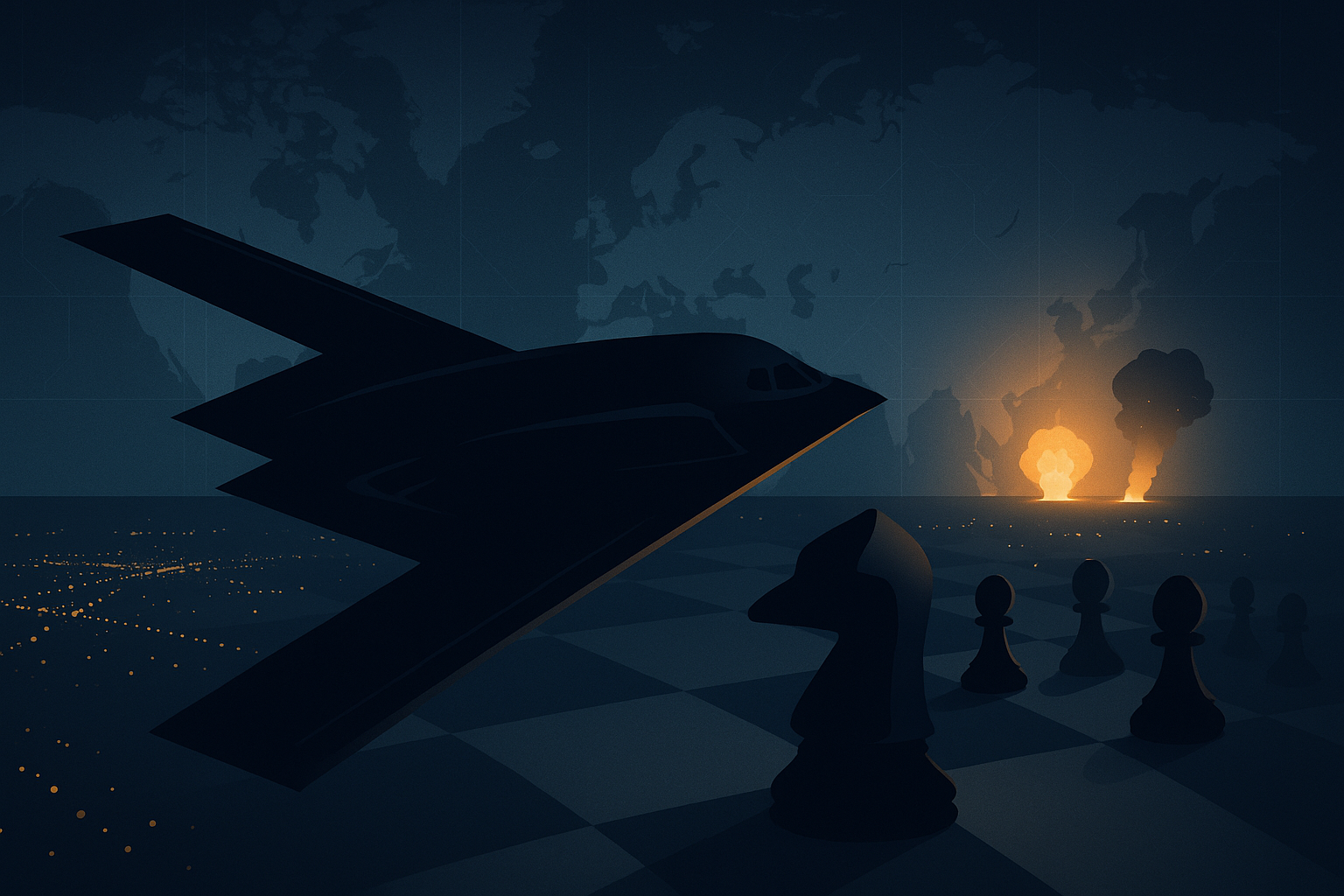 Illustration of a military aircraft flying over chess pieces at sunset