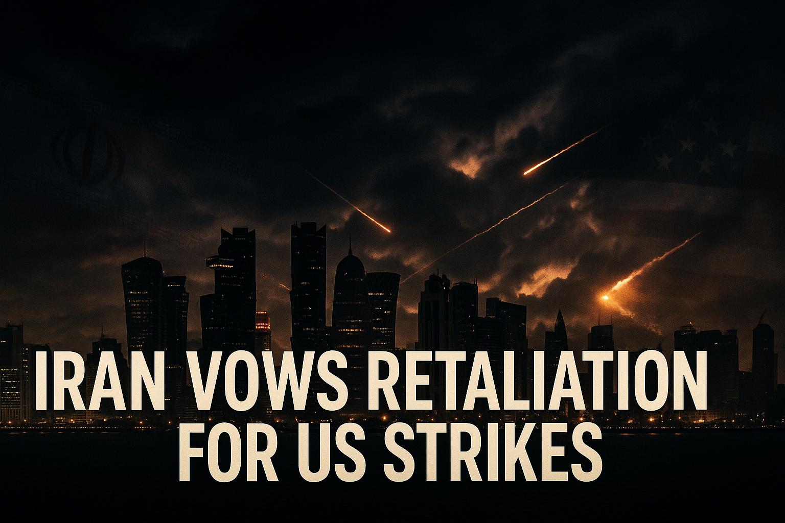 Nighttime city skyline with explosions and the headline "Iran vows retaliation for US strikes"