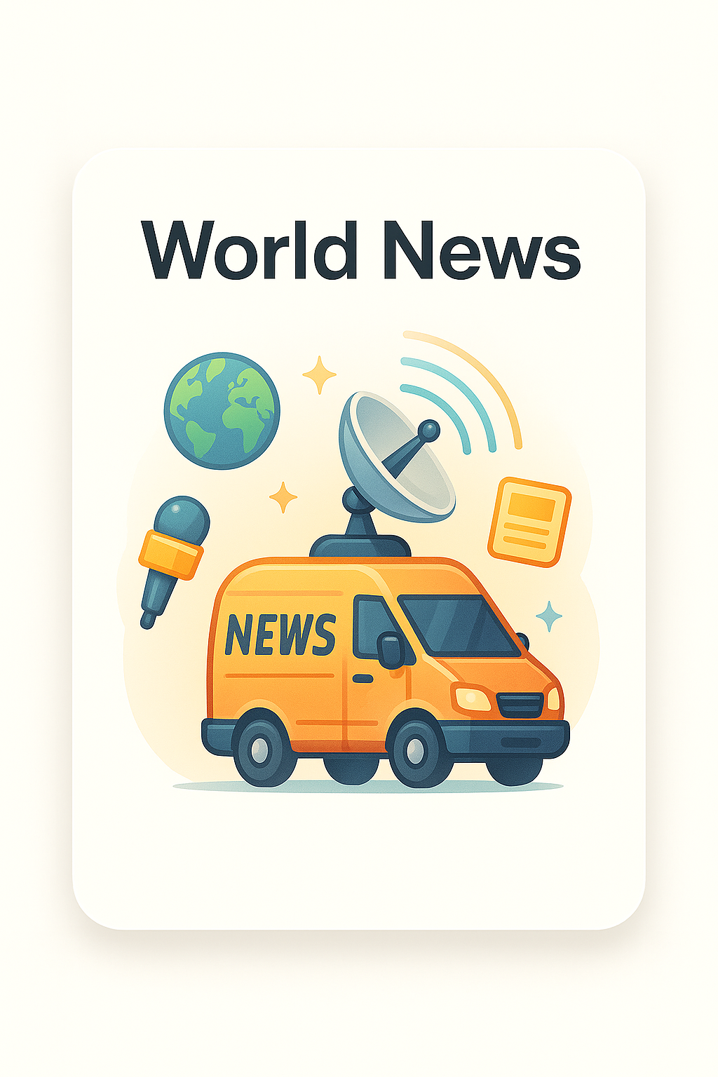 Illustration of a news van with microphones, a globe, and the text "World News"