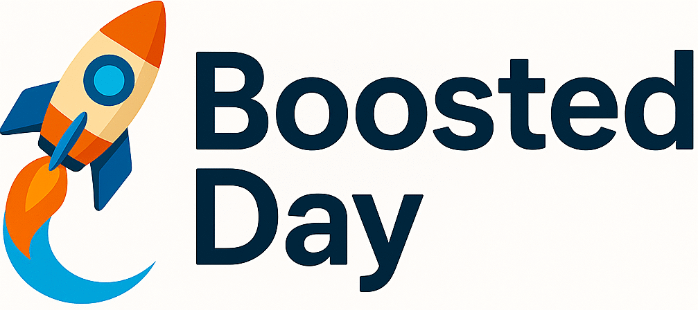 Logo with an orange and blue rocket and the text "Boosted Day