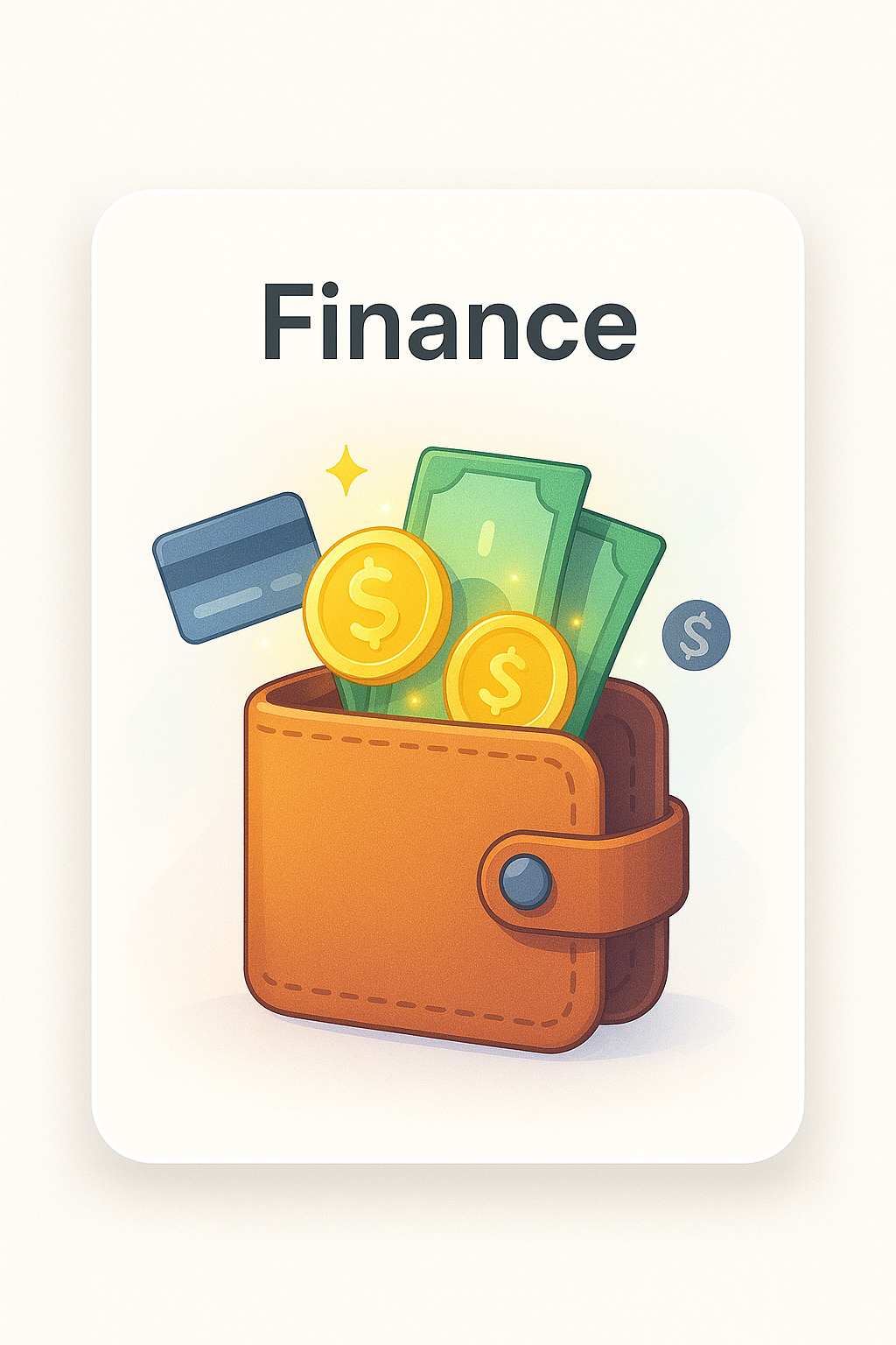 Illustration of a wallet with money, coins, and credit cards labeled "Finance"