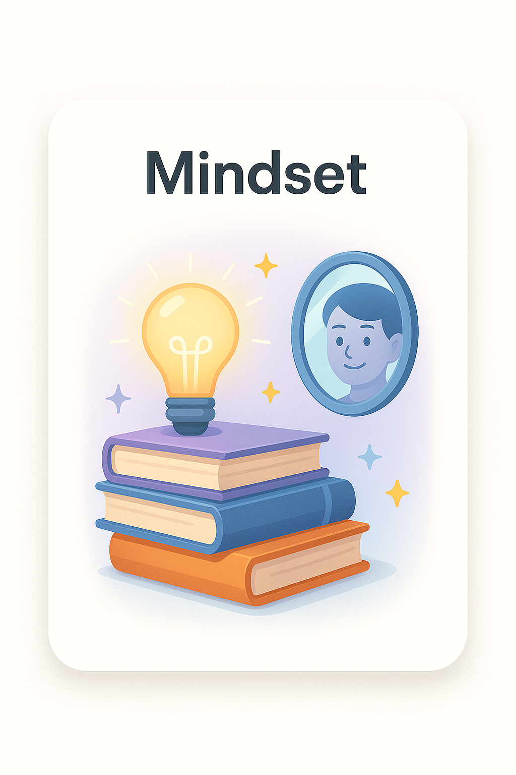 Illustration of books, a lightbulb, and a clock with the word "Mindset"