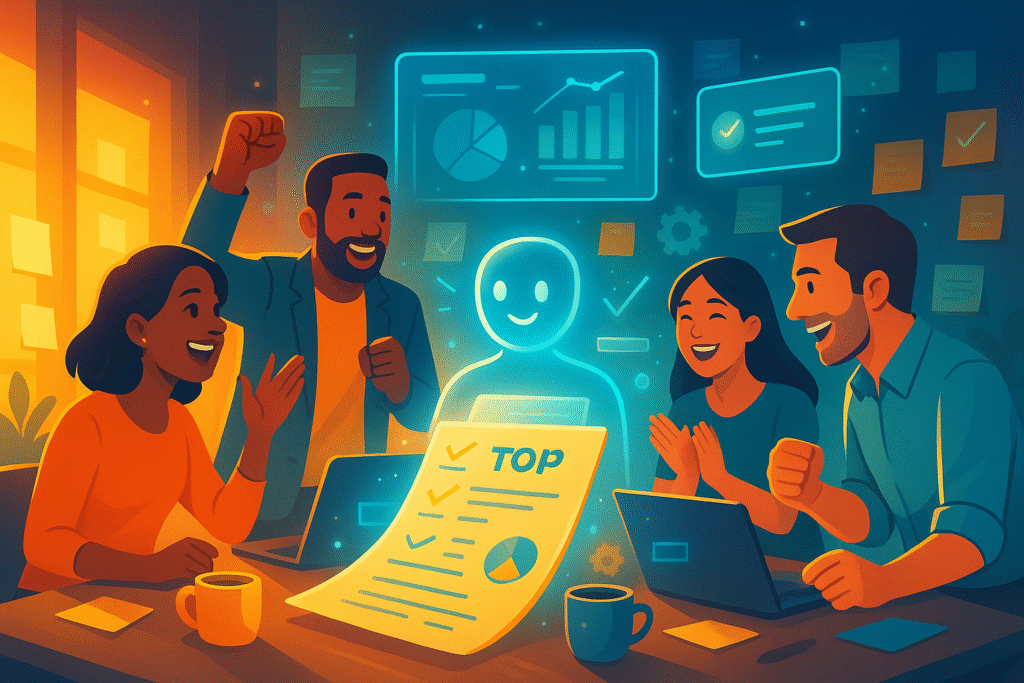 Digital illustration of a small, diverse team collaborating in a modern workspace, with friendly AI elements like virtual assistants and smart screens supporting their creativity and productivity.