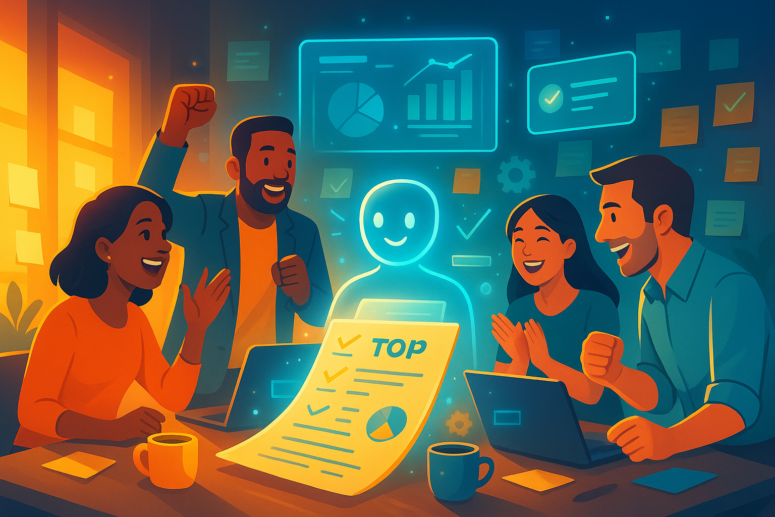 Digital illustration of a small, diverse team collaborating in a modern workspace, with friendly AI elements like virtual assistants and smart screens supporting their creativity and productivity.