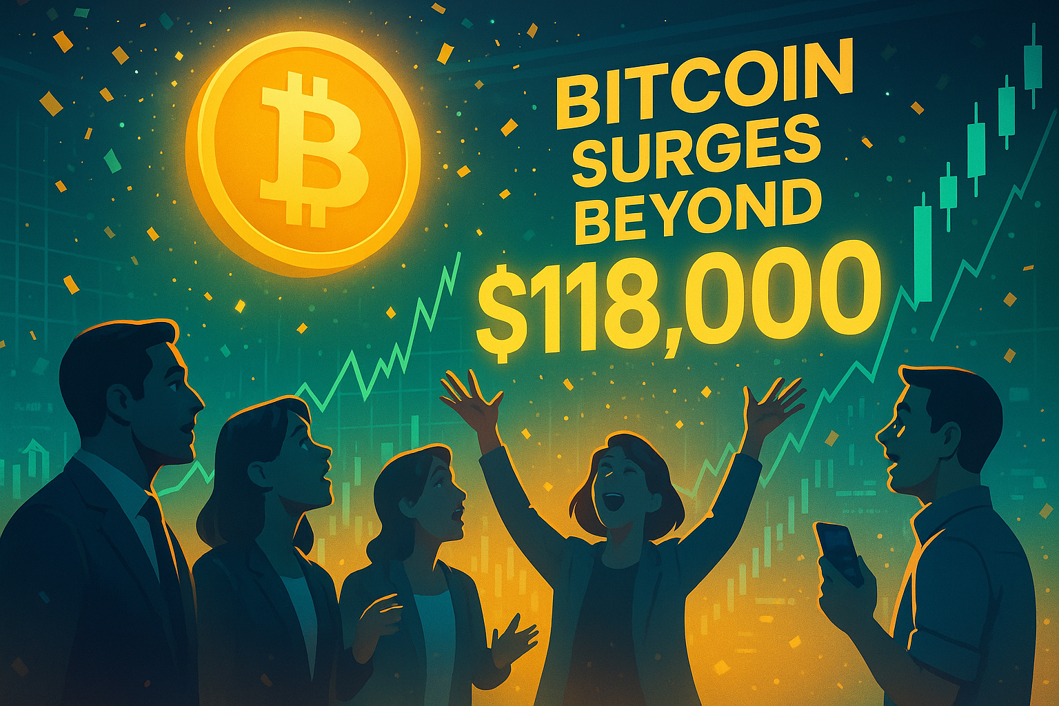 Bitcoin surges beyond $118,000 – upward arrow and Bitcoin symbol on a vibrant gradient background.