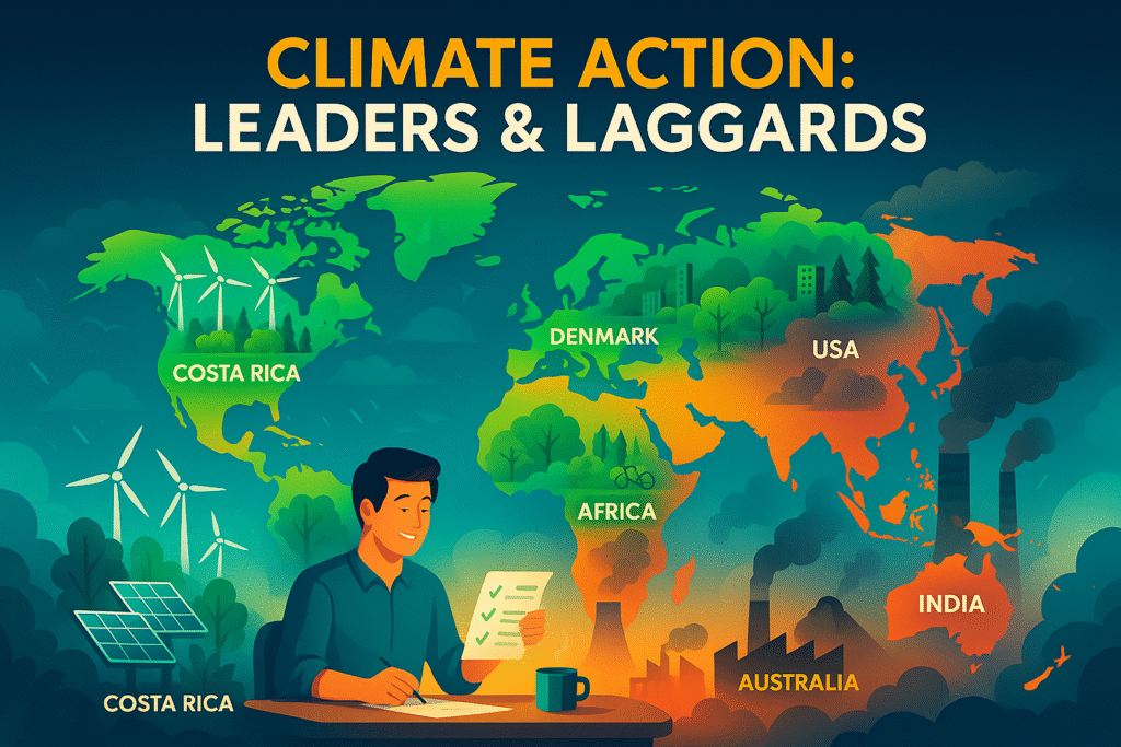World map illustration highlighting countries leading in climate action with icons like wind turbines, solar panels, forests, and contrasting areas with smog and coal factories.