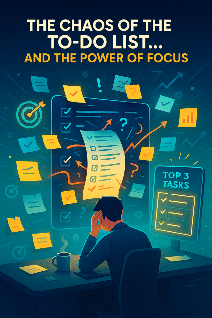 Playful digital illustration of a messy to-do list, sticky notes, and a person trying to get organized, representing productivity challenges.