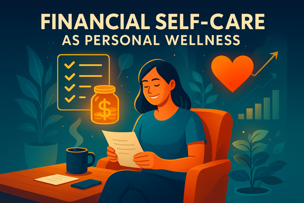 Digital illustration of a happy person practicing financial self-care at home, surrounded by cozy decor, plants, and symbols of wellness like a savings jar, checklist, and coffee cup.