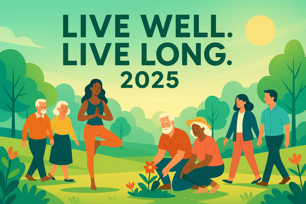 Digital illustration of diverse people practicing wellness habits outdoors, symbolizing longevity and living well in 2025.