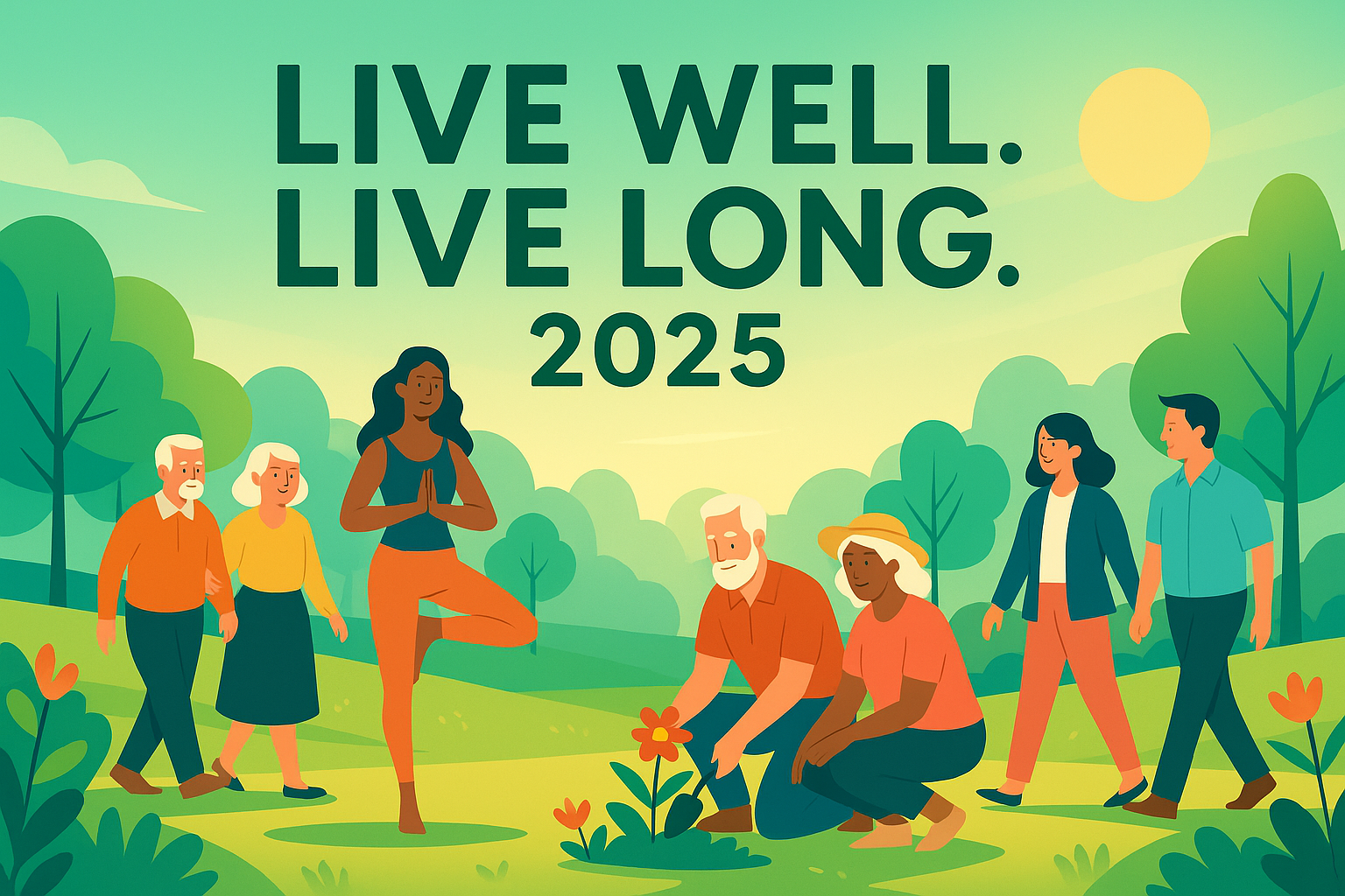Digital illustration of diverse people practicing wellness habits outdoors, symbolizing longevity and living well in 2025.