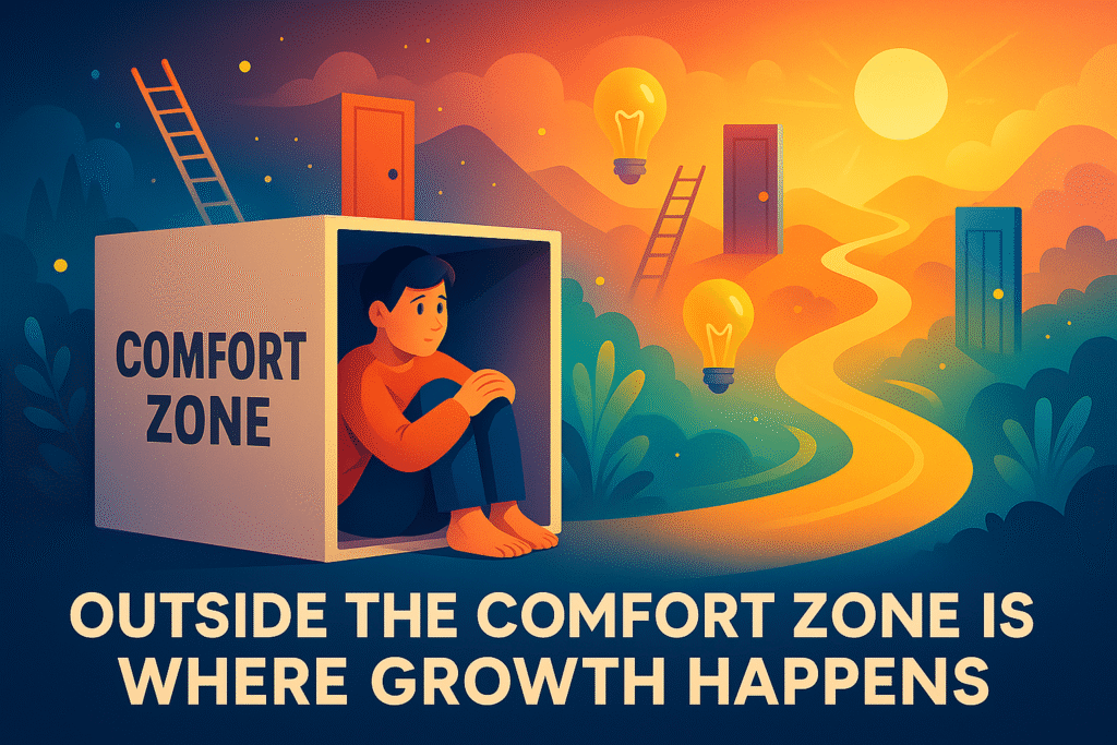 A person sitting inside a small box labeled “Comfort Zone,” while the world outside is vibrant and full of opportunities like doors, ladders, and lightbulbs.